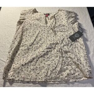 NWT Vince Camuto Blouse Womens Size XS Beige Floral Metallic Ruffle Cap Sleeves
